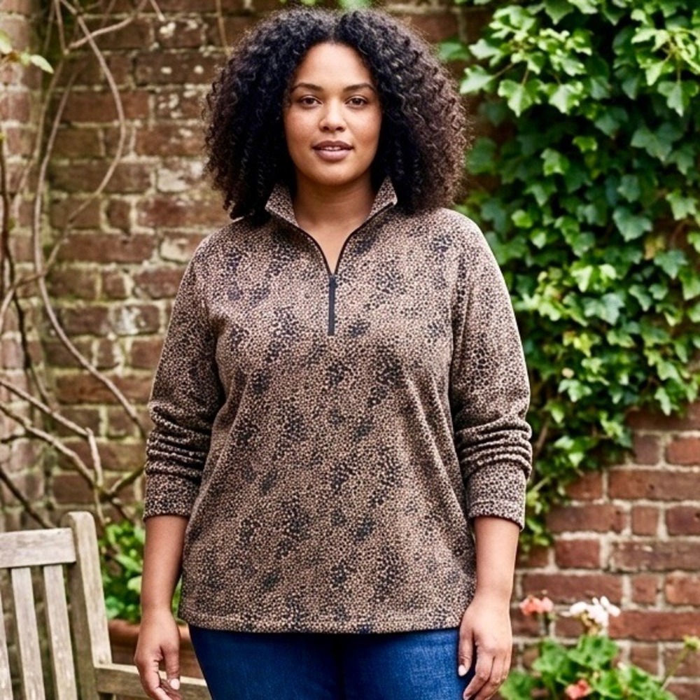Lands End Womens 2X Leopard Print Fleece Quarter Zip Pullover Brown Black‎ Mock